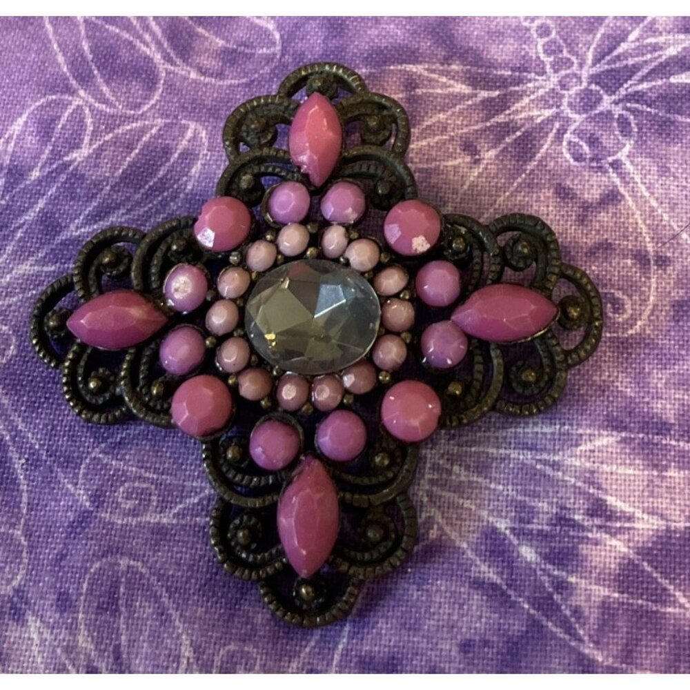 Vintage Pink Stone Glass Beaded Metal Brooch Pin Victorian Style Art Deco Love